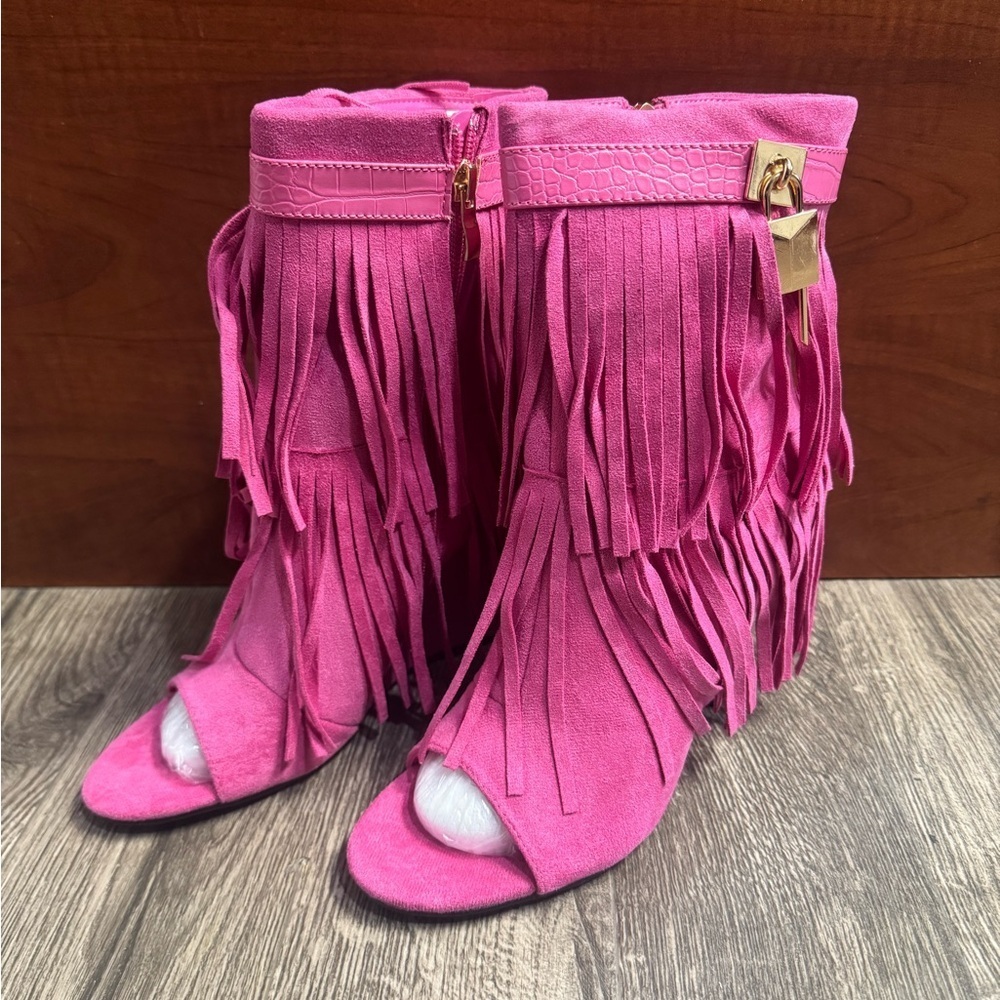 Fashion Nova Pink Fringe Open-Toe Heeled Boots